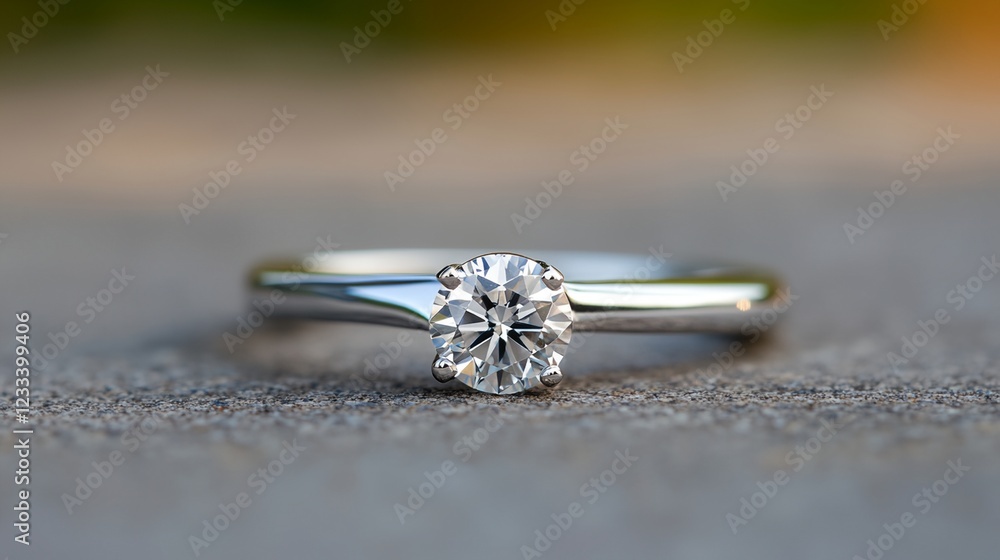 A diamond ring is on a stone surface A diamond ring is on a stone surface