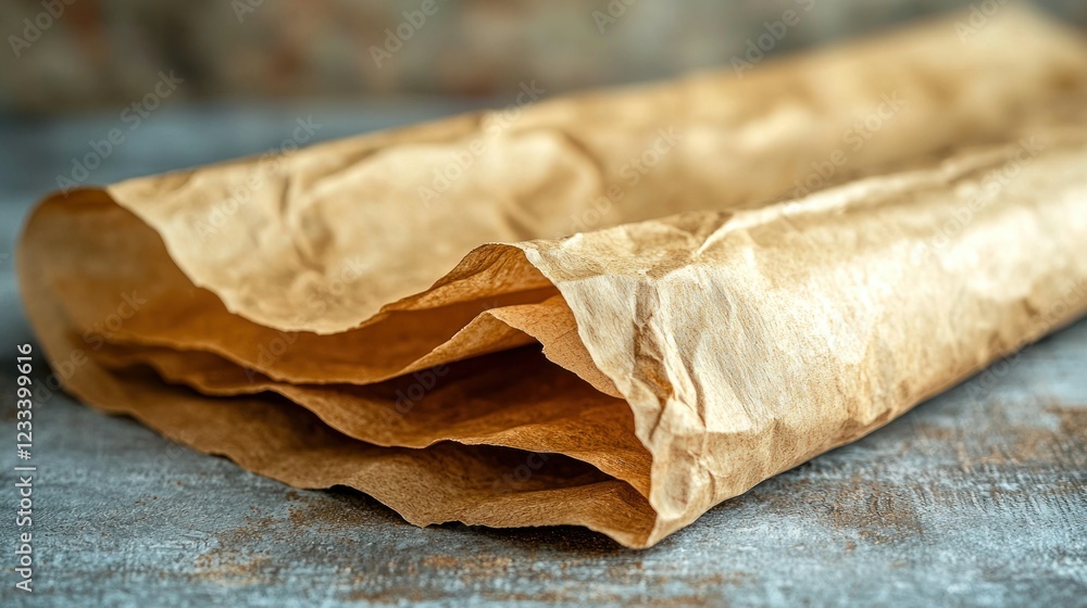 Folded brown parchment paper on rustic table, ready for baking