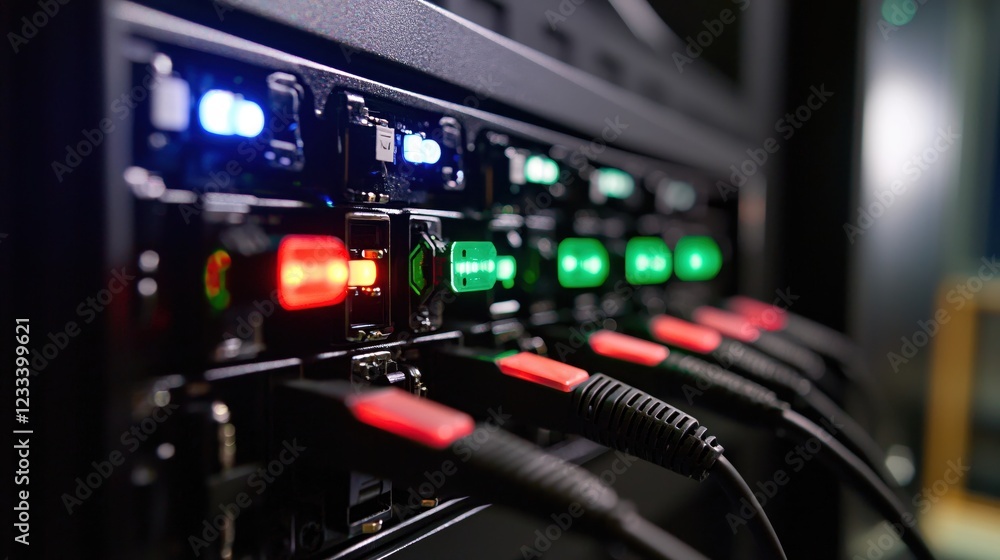 Naklejka premium Network Server Technology Close Up Colorful Cables Lights Data Center