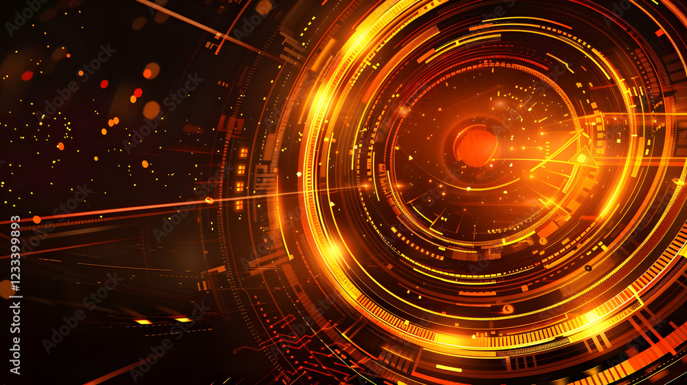 Obraz premium Abstract digital design featuring glowing orange circles and lines, evoking technology themes.
