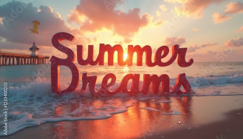 Summer Dreams text on a tropical beach at sunset. Concept of vacation, travel, and relaxation. photo