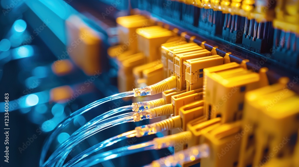 Fototapeta premium Fiber Optic Network Cables Connected to Server Racks in Data Center