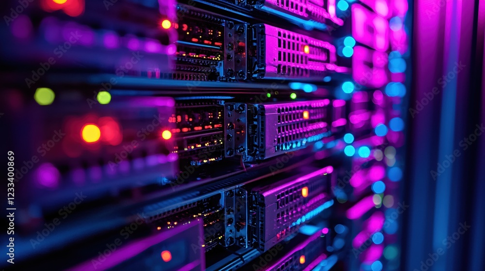 Vibrant Server Rack Data Center Technology Closeup