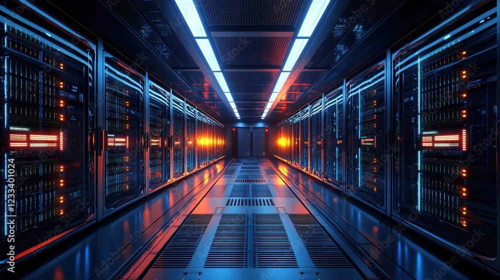 Obraz premium Futuristic Server Room Corridor Neon Lights Technology Data Center