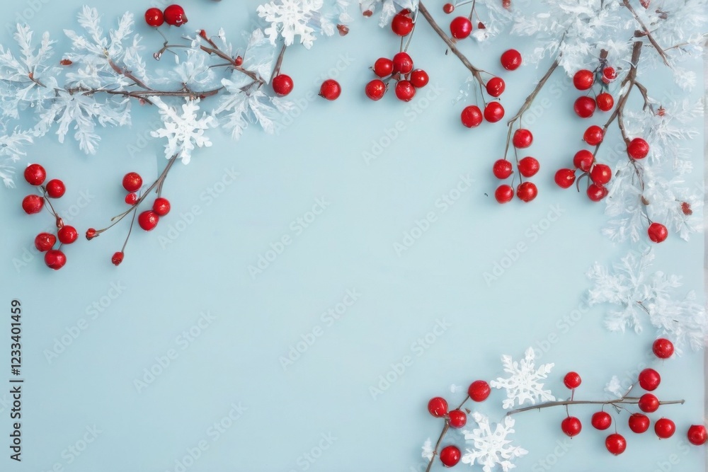 Festive Winter Branch with Red Berries and Snowflakes on Blue Background, Cheerful Holiday Decorations and Color Scheme Festive Winter Branch with Red Berries and Snowflakes on Blue Background, Cheerful Holiday Decorations and Color Scheme