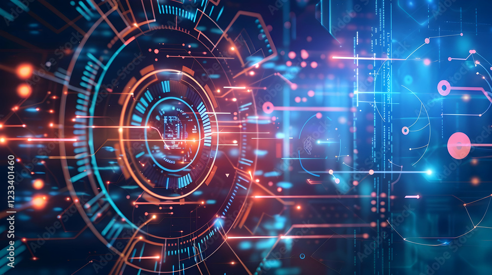 Abstract digital interface with glowing lines and circular patterns representing technology. Abstract digital interface with glowing lines and circular patterns representing technology.