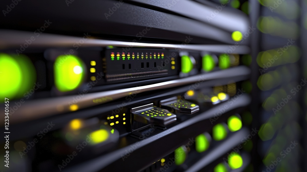 Powerful Server Rack Closeup Green Lights Technology Data Center Powerful Server Rack Closeup Green Lights Technology Data Center