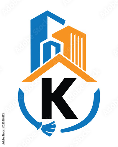 Initial Letter K Industrial Cleaning Logo Concept With Cleaning Brush and Building Symbol. Broom Sign