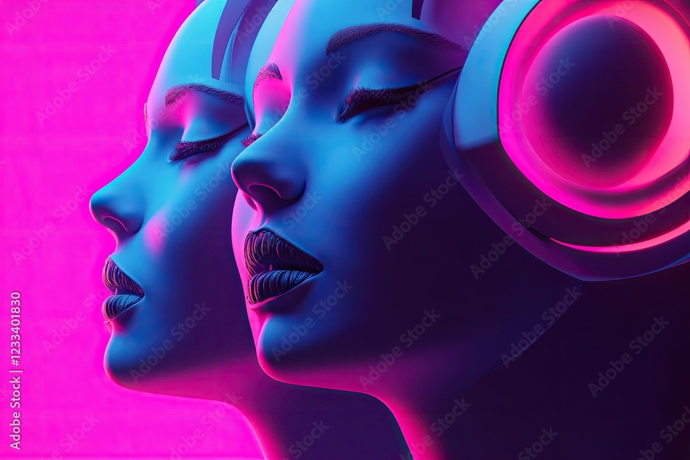 Neon-lit futuristic female heads, profile view, pink background, digital art, album cover Neon-lit futuristic female heads, profile view, pink background, digital art, album cover