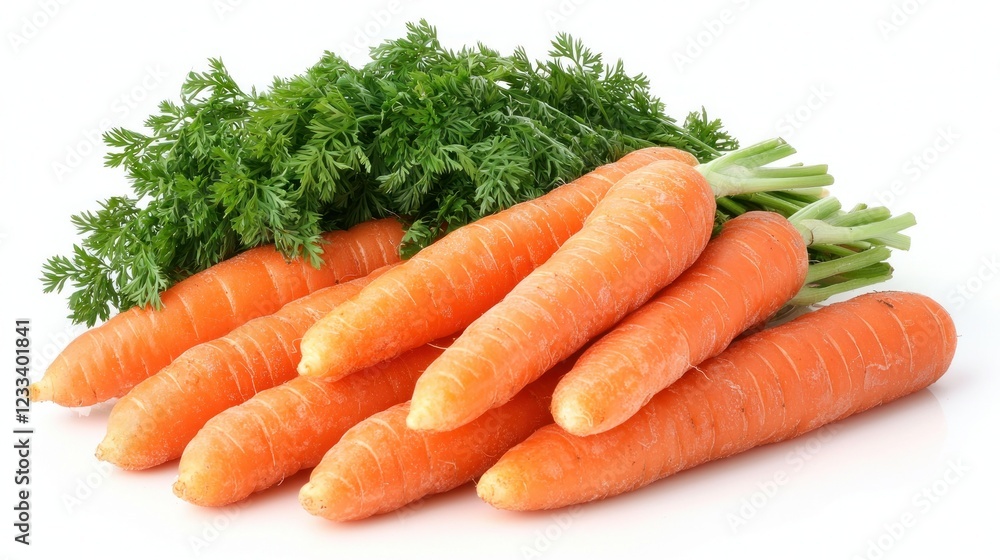 Fresh carrots with green tops on white Fresh carrots with green tops on white