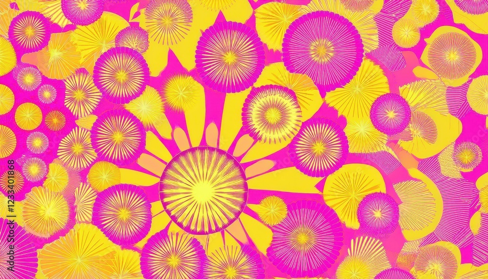 Vibrant Pink and Yellow Rosette Pattern Background Illuminated in a Timeless Scene for Creative Design Projects, Abstract Artwork, or Decorative Purposes Vibrant Pink and Yellow Rosette Pattern Background Illuminated in a Timeless Scene for Creative Design Projects, Abstract Artwork, or Decorative Purposes