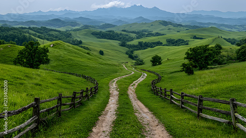 Winding road through green hills, mountain backdrop, rural scene, scenic travel