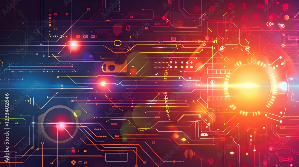 Abstract digital design featuring vibrant colors and circuit patterns. Abstract digital design featuring vibrant colors and circuit patterns.