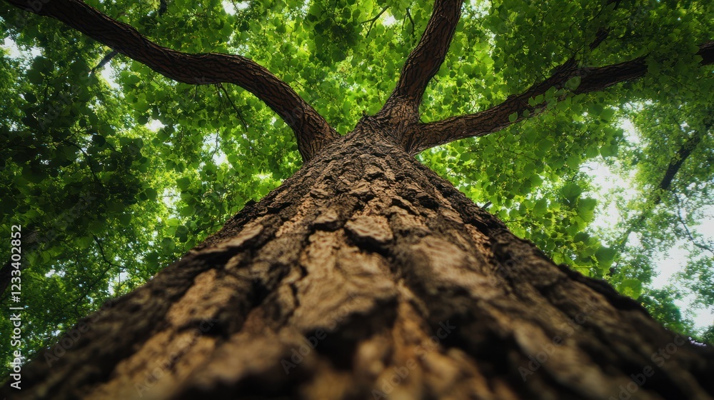 Naklejka premium Majestic oak tree, park, lush canopy, nature, low angle, environmental conservation