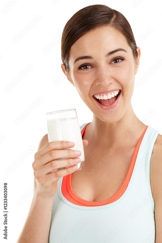Girl, portrait and happy with milk in studio for bone health, calcium and nutrition for digestion. Excited, woman and smile with healthy smoothie for weight loss and protein diet on white background Girl, portrait and happy with milk in studio for bone health, calcium and nutrition for digestion. Excited, woman and smile with healthy smoothie for weight loss and protein diet on white background
