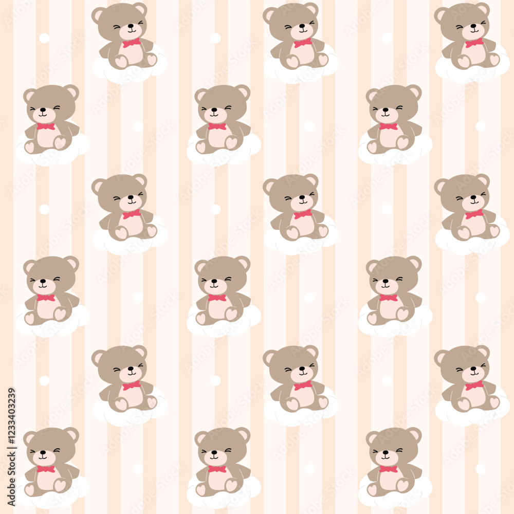 Seamless pattern featuring adorable teddy bears sitting on fluffy white clouds against a soft beige striped background with small decorative dots, creating a dreamy look Seamless pattern featuring adorable teddy bears sitting on fluffy white clouds against a soft beige striped background with small decorative dots, creating a dreamy look