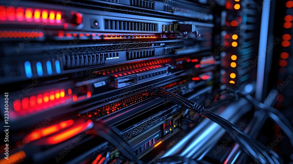 Powerful Server Rack Close Up Red Blue Lights Technology Data Center Powerful Server Rack Close Up Red Blue Lights Technology Data Center