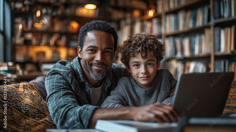 Man and boy smiling at the laptop in a library setting, portraying bonding and happiness Man and boy smiling at the laptop in a library setting, portraying bonding and happiness