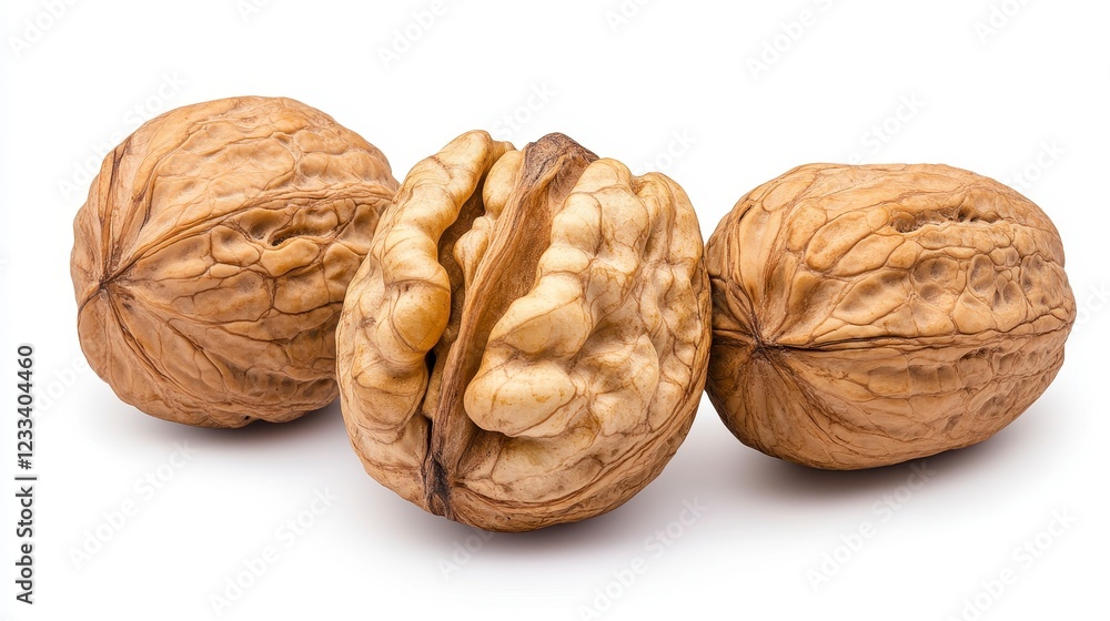 Three Whole Walnuts with Shells Isolated on White Background Three Whole Walnuts with Shells Isolated on White Background