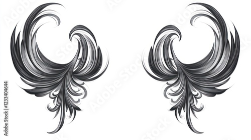 Symmetrical grey phoenix wings design, isolated on white; tattoo, decoration photo