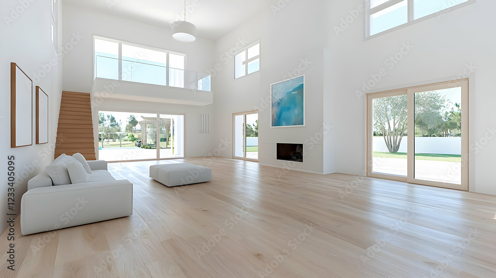 Fototapeta premium Modern home's spacious living room, pool view, natural light