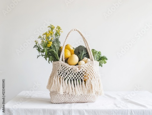 Cream crocheted tote bag filled with fresh produce and flowers on a white tablecloth against a plain backdrop