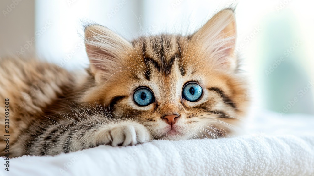 Adorable fluffy kitten with striking blue eyes resting on fabric Adorable fluffy kitten with striking blue eyes resting on fabric