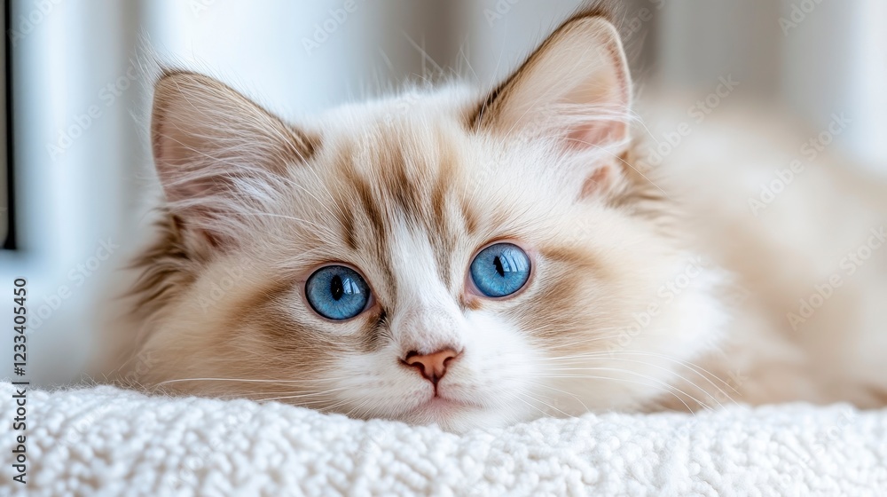 Beautiful fluffy cat with striking blue eyes resting indoors Beautiful fluffy cat with striking blue eyes resting indoors