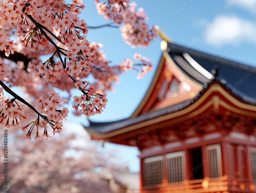Beautiful Cherry Blossom Trees in Front of Traditional Japanese Building under Clear Blue Sky Beautiful Cherry Blossom Trees in Front of Traditional Japanese Building under Clear Blue Sky