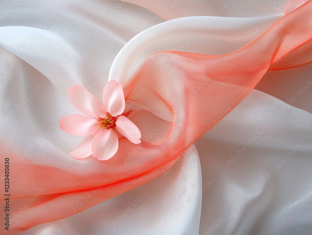 Elegant peach and white fabric drapery with delicate flower accent on soft textured textile background Elegant peach and white fabric drapery with delicate flower accent on soft textured textile background