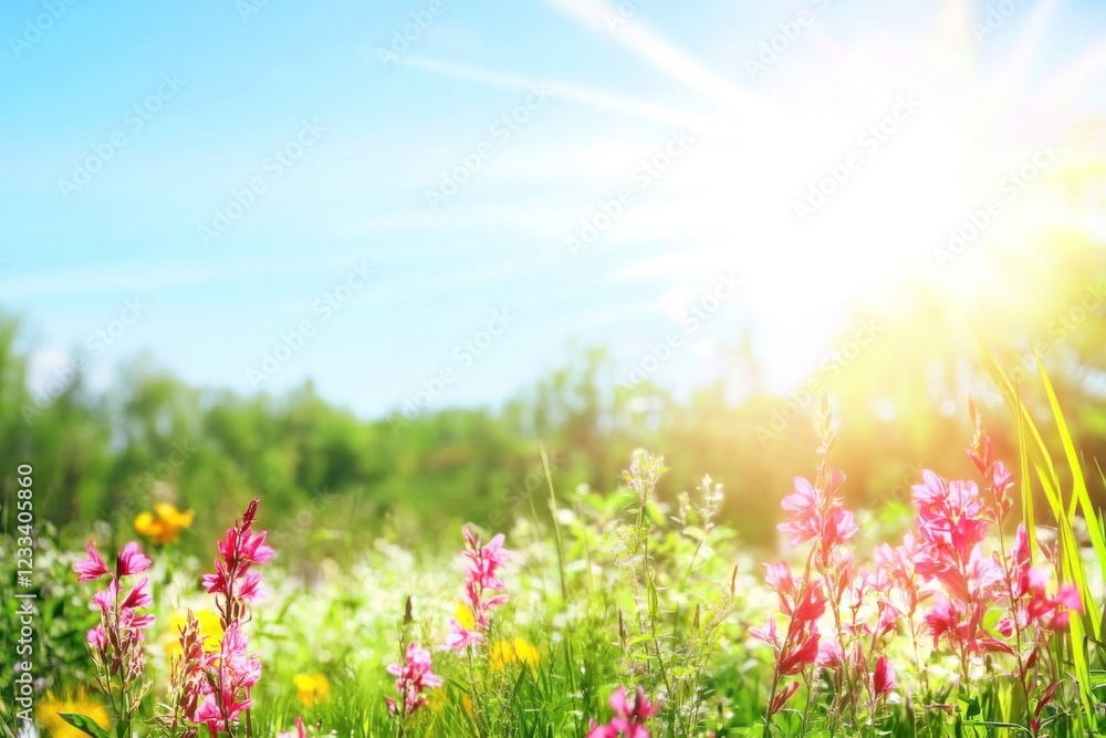 Obraz premium Wildflower meadow bursts with colors as red, pink, and yellow flowers sway gently under warm summer sunlight
