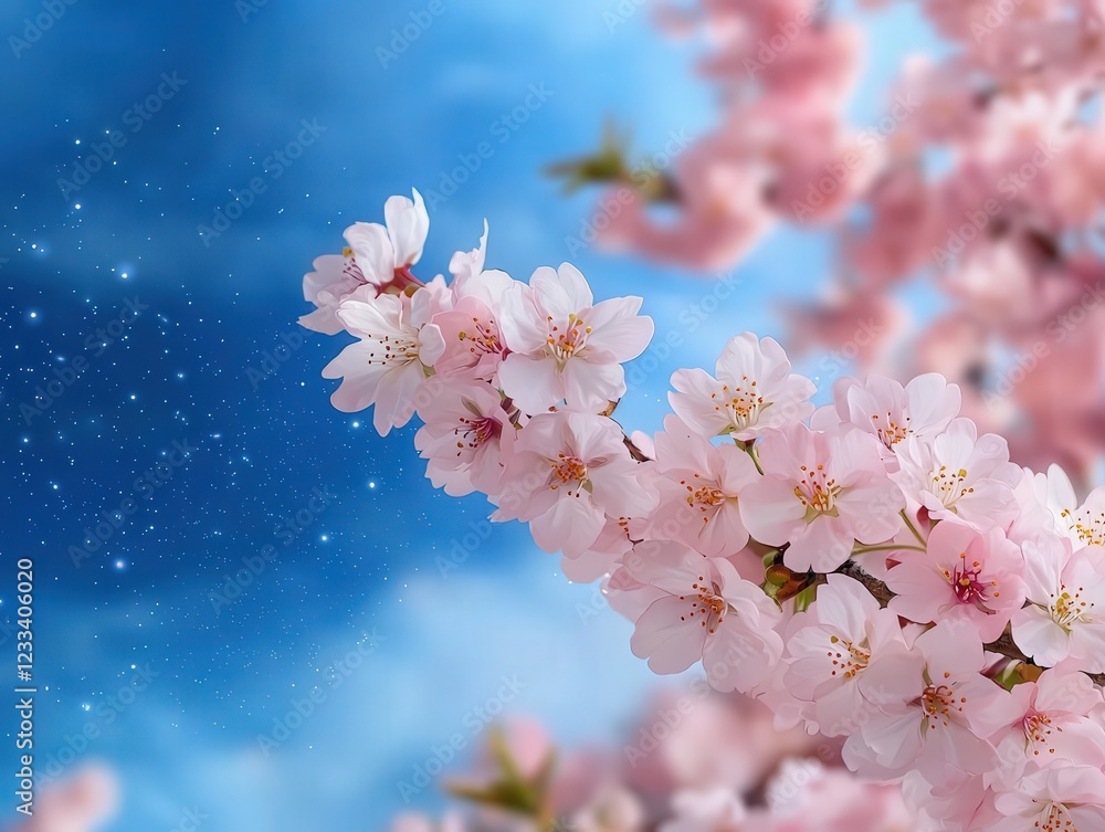 Delicate pink cherry blossom branches against a dreamy blue sky filled with twinkling stars and soft clouds Delicate pink cherry blossom branches against a dreamy blue sky filled with twinkling stars and soft clouds
