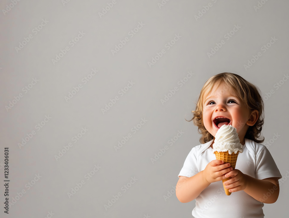 Toddler Joyfully Holding Ice Cream Cone Against Neutral Background Toddler Joyfully Holding Ice Cream Cone Against Neutral Background