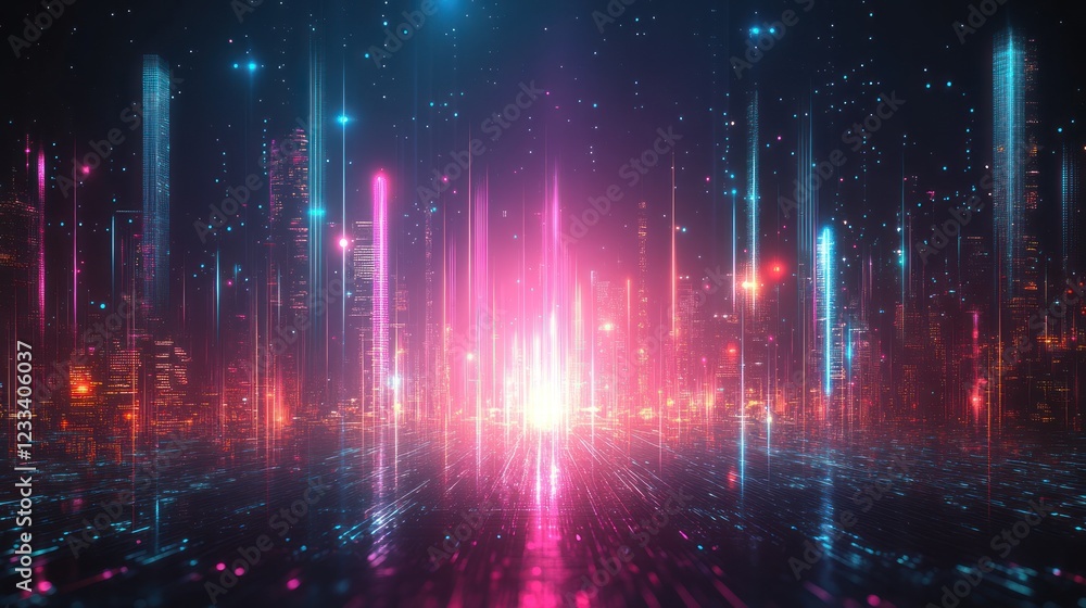 Fototapeta premium Futuristic city lights gleam, data streams flow, night scene, digital art, tech background