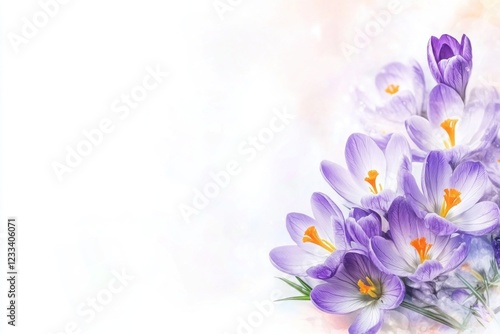 This digital illustration highlights a cluster of blooming purple crocuses, symbolizing the arrival of spring against a pristine white background
