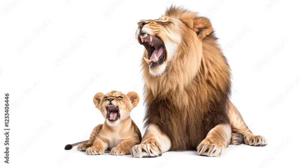 Fototapeta premium Majestic Lion and Playful Cub Sharing a Roaring Moment Together