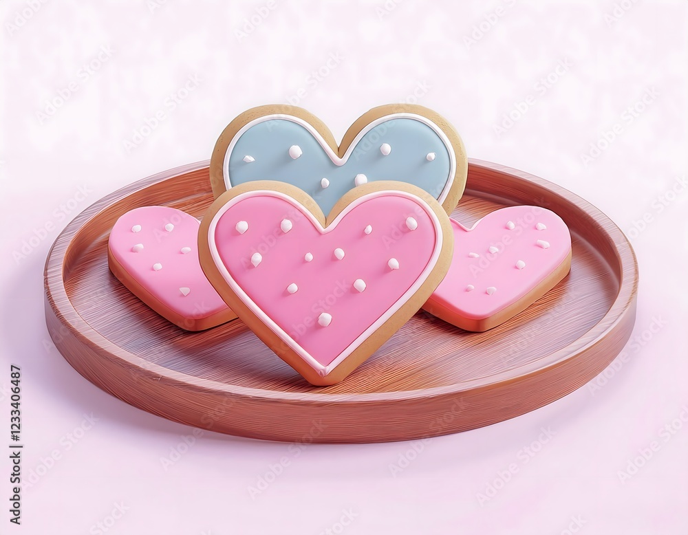 Festive Valentine's Day decorations: Heart-shaped cookies, colorful icing on a rustic tray. Festive Valentine's Day decorations: Heart-shaped cookies, colorful icing on a rustic tray.