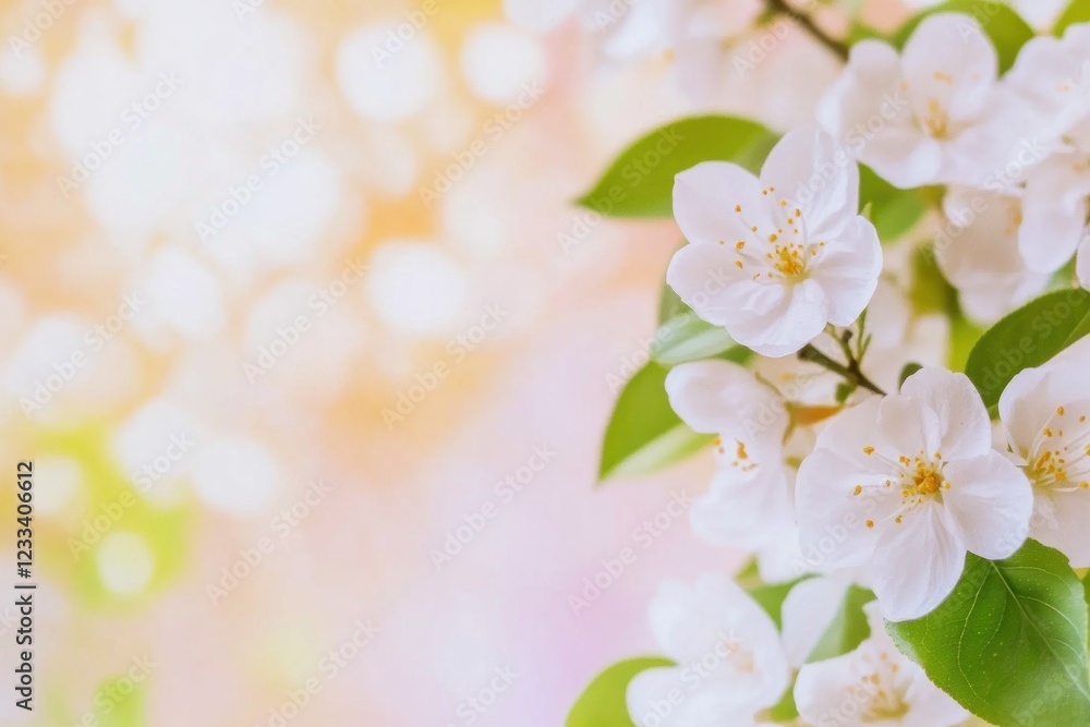 Delicate white citrus blossoms contrast with fresh green leaves under soft, warm natural light, creating a serene and peaceful atmosphere Delicate white citrus blossoms contrast with fresh green leaves under soft, warm natural light, creating a serene and peaceful atmosphere