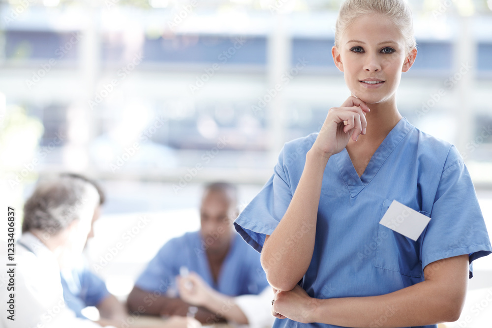 Portrait, nurse and woman with confidence in hospital for internal medicine, wellness and career. Face, pride and medical professional, surgeon and expert internist coworking in healthcare clinic Portrait, nurse and woman with confidence in hospital for internal medicine, wellness and career. Face, pride and medical professional, surgeon and expert internist coworking in healthcare clinic