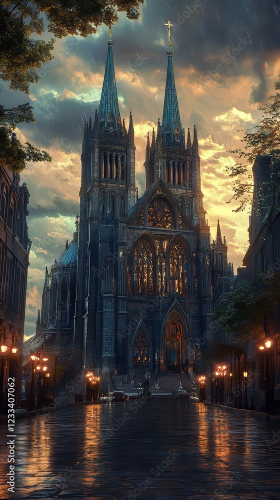 Gothic cathedral in a rain-swept city Gothic cathedral in a rain-swept city