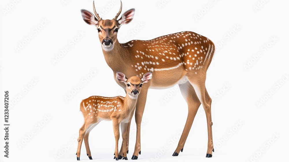 Obraz premium Mother and Fawn Deer Standing Together on a White Background