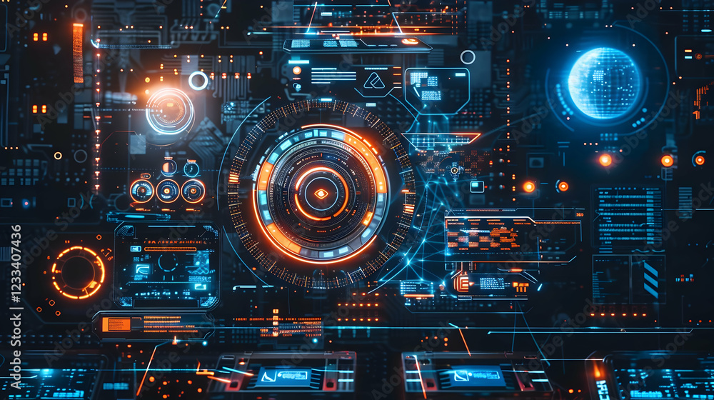A futuristic digital interface featuring intricate circuits and glowing elements. A futuristic digital interface featuring intricate circuits and glowing elements.