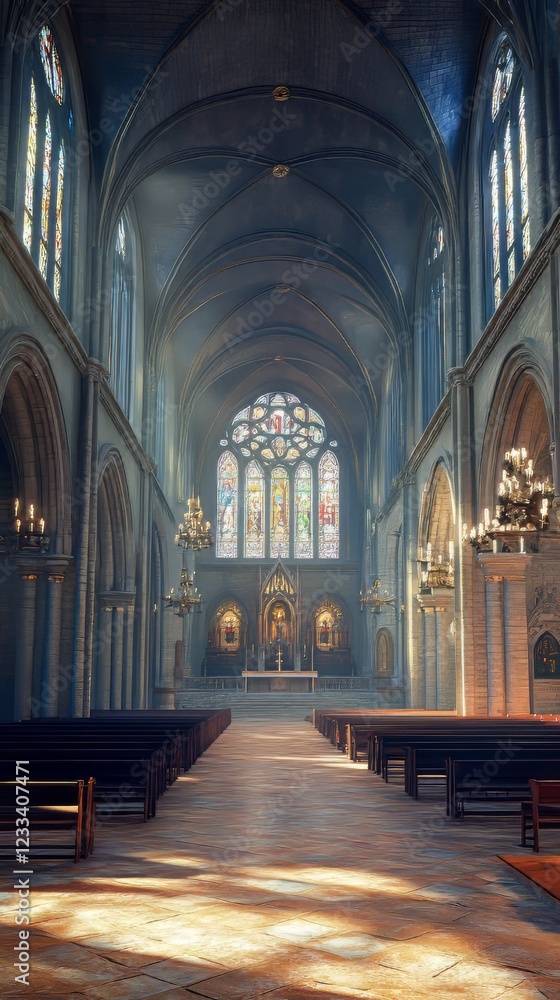 Fototapeta premium Sunlit Gothic church interior