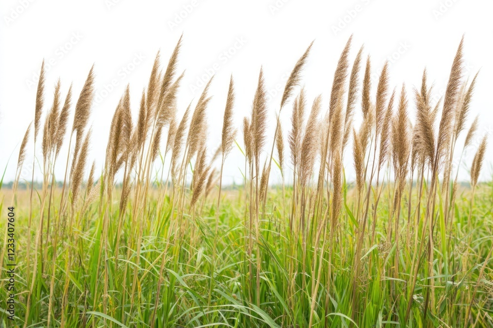 Obraz premium Wild grass reaches upward, its tall stalks creating a textured silhouette against a clean white backdrop. Calm and serene nature