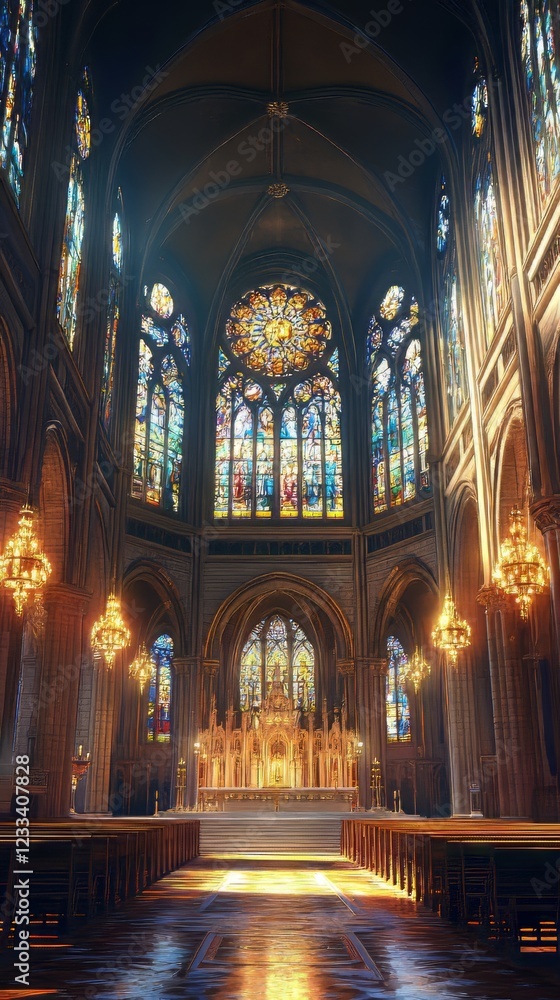 Fototapeta premium Sunlit Gothic church interior