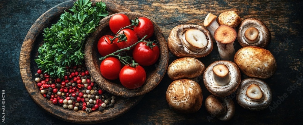 Overhead Shot of Fresh Mushrooms Cherry Tomatoes and Parsley in Rustic Wooden Bowls Overhead Shot of Fresh Mushrooms Cherry Tomatoes and Parsley in Rustic Wooden Bowls