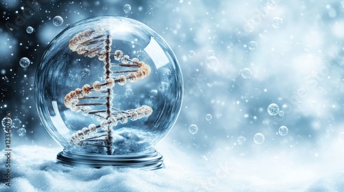 DNA Helix in Snow Globe Surrounded by Soft Snowflakes and Light