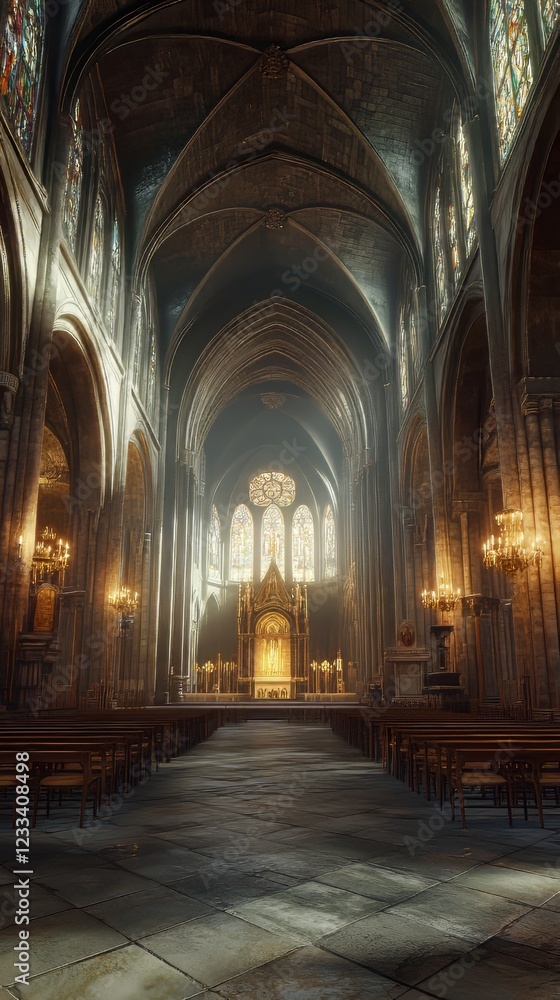 Fototapeta premium Sunlit Gothic cathedral nave