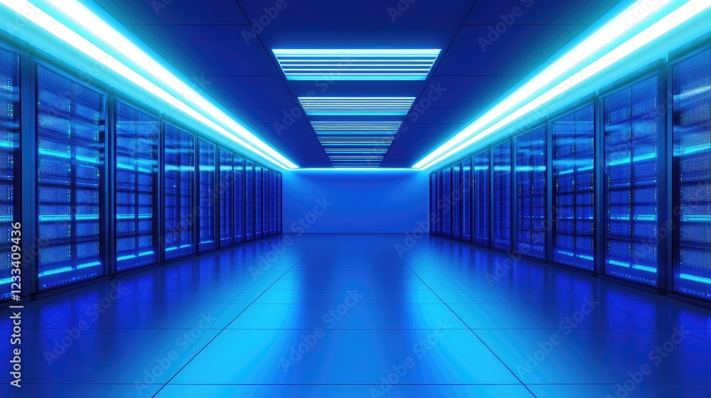 Fototapeta premium A modern server room with vibrant blue lighting and rows of sleek servers in a symmetrical layout. Ideal for technology visuals, IT infrastructure, and data center concepts