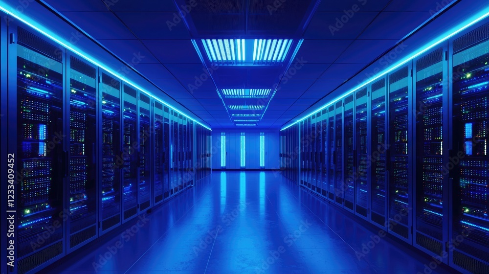 Fototapeta premium A futuristic server room illuminated with vibrant blue lights, featuring symmetrical server racks and advanced technology for secure data operations